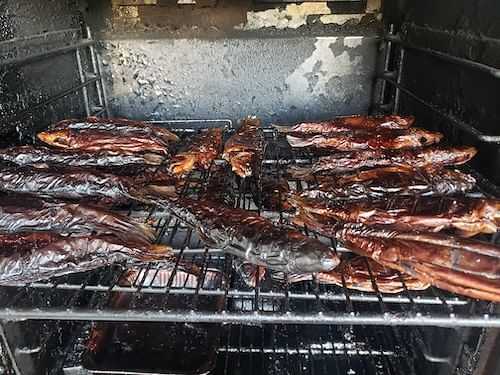 Fish being smoked on a rack inside a smoker.